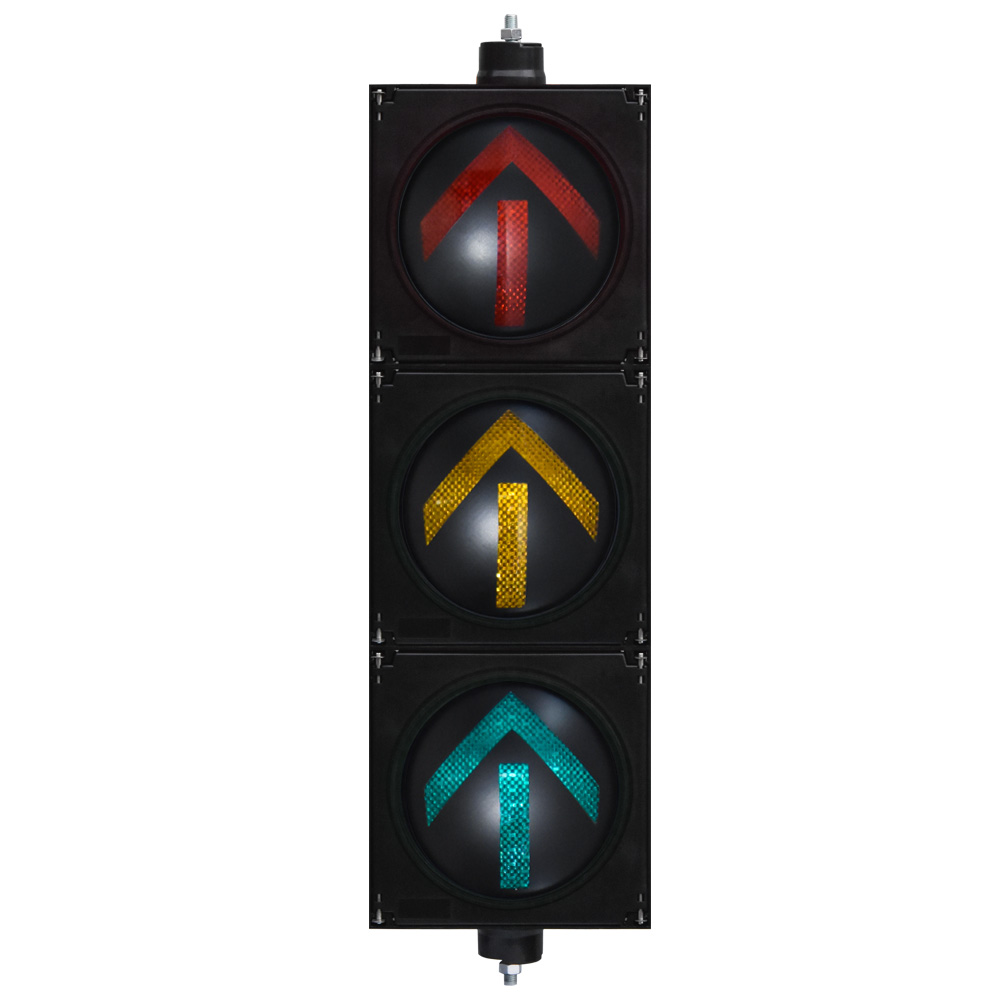 Semáforo de alto flujo con flechas rojas, amarillas y verdes