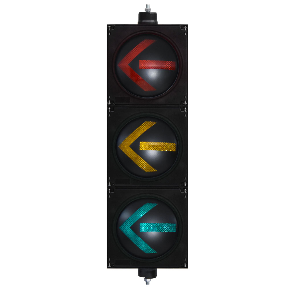 Semáforo de alto flujo con flechas rojas, amarillas y verdes