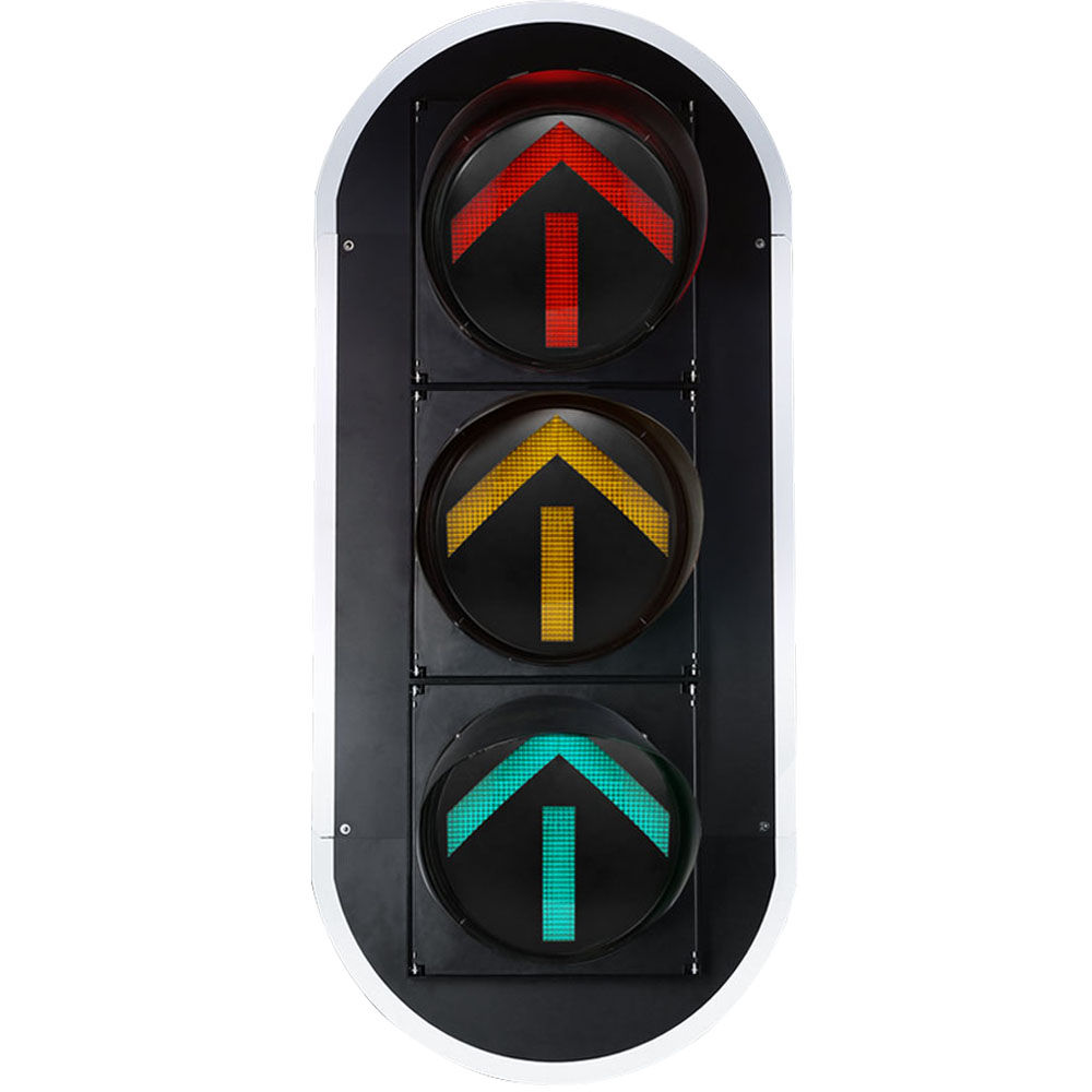 Semáforo de alto flujo con flechas rojas, amarillas y verdes