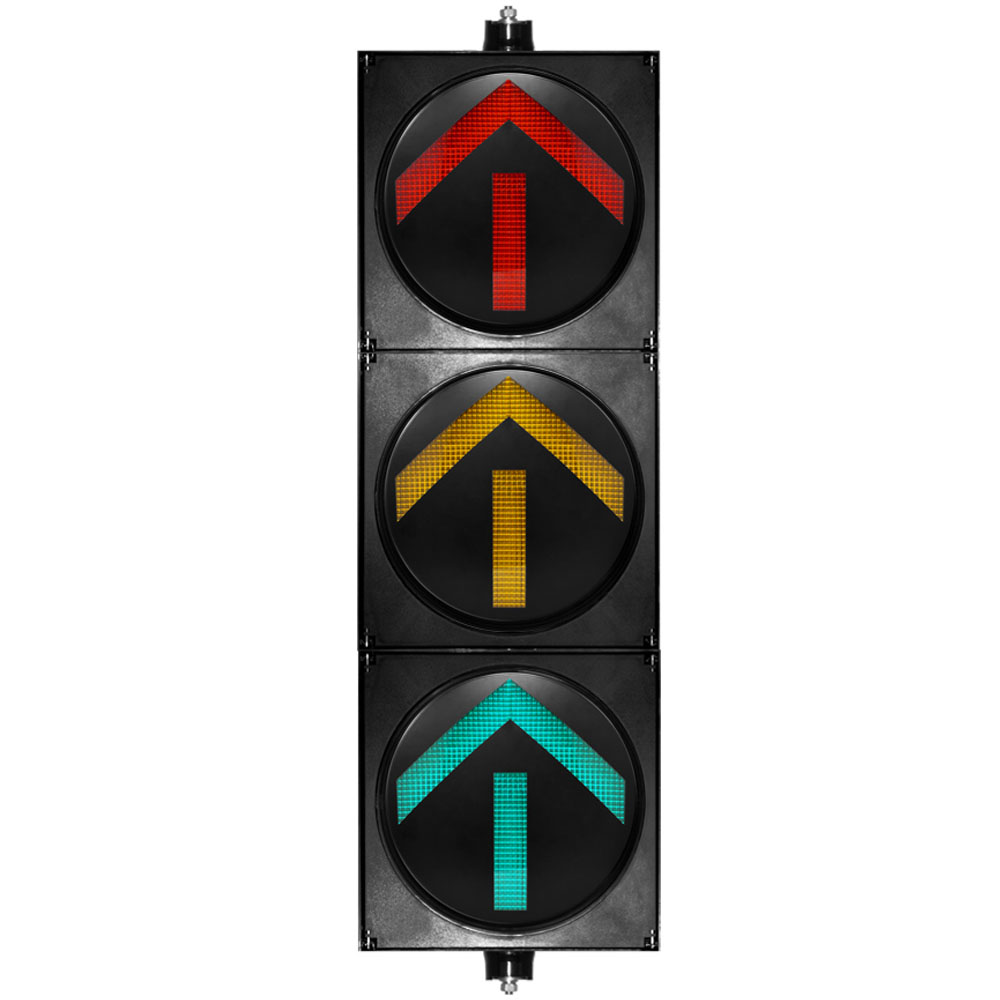 Semáforo de alto flujo con flechas rojas, amarillas y verdes