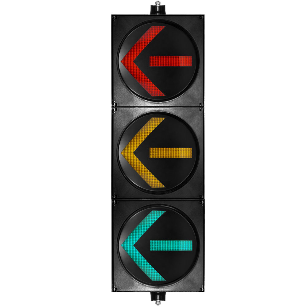 Semáforo de alto flujo con flechas rojas, amarillas y verdes