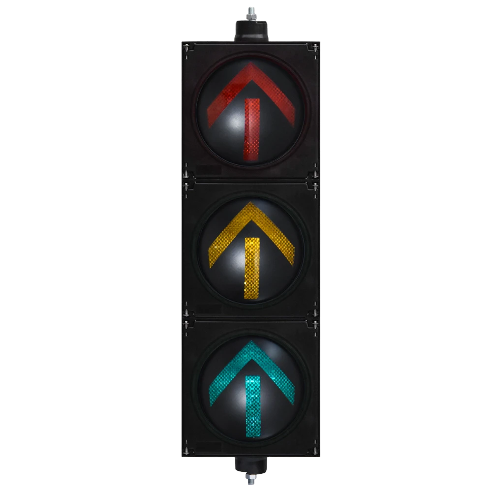 Semáforo de alto flujo con flechas rojas, amarillas y verdes